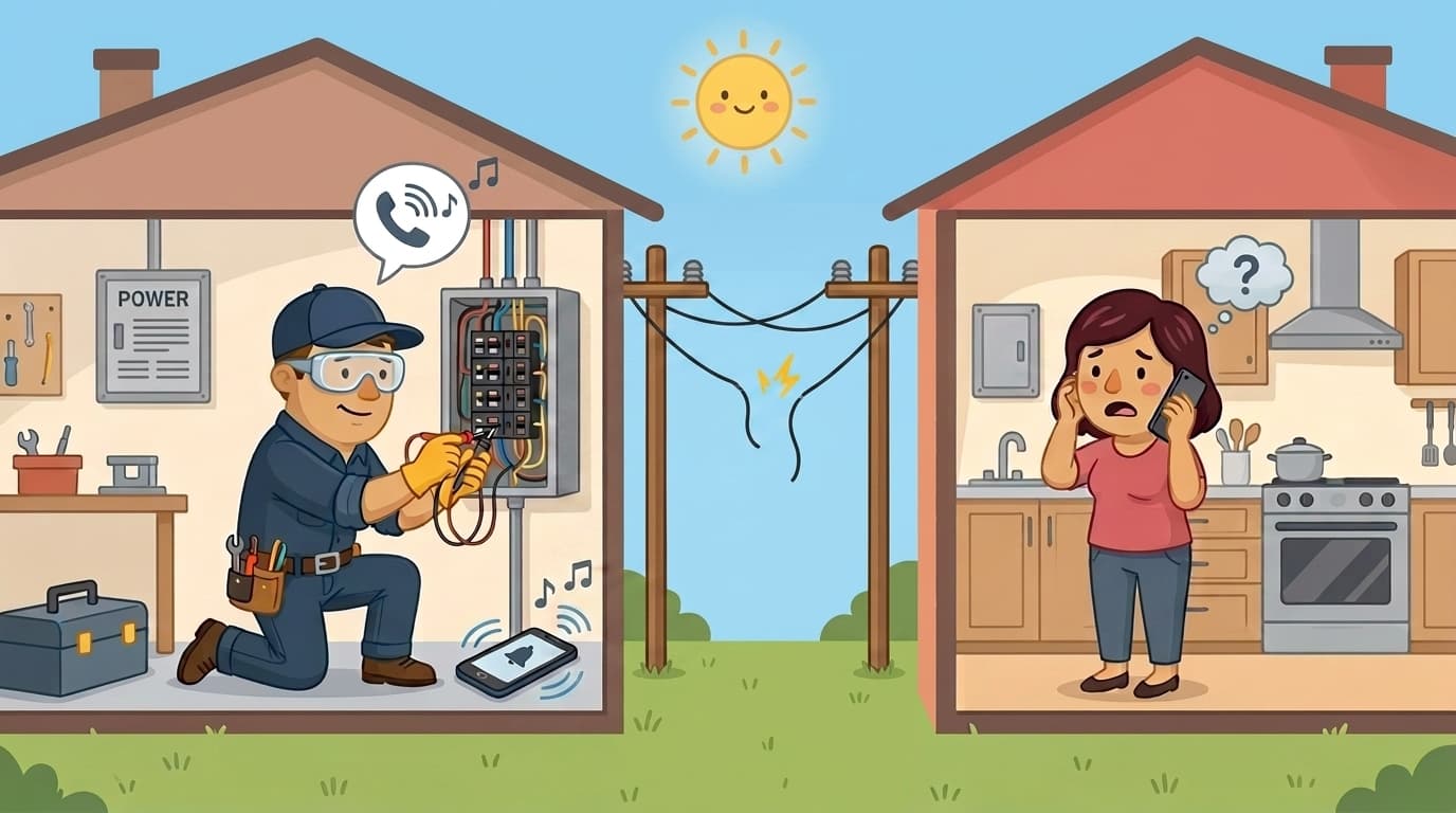 Cartoon electrician with tool belt and voltmeter watching his phone ring while a homeowner taps a competitor's listing on her phone in the background
